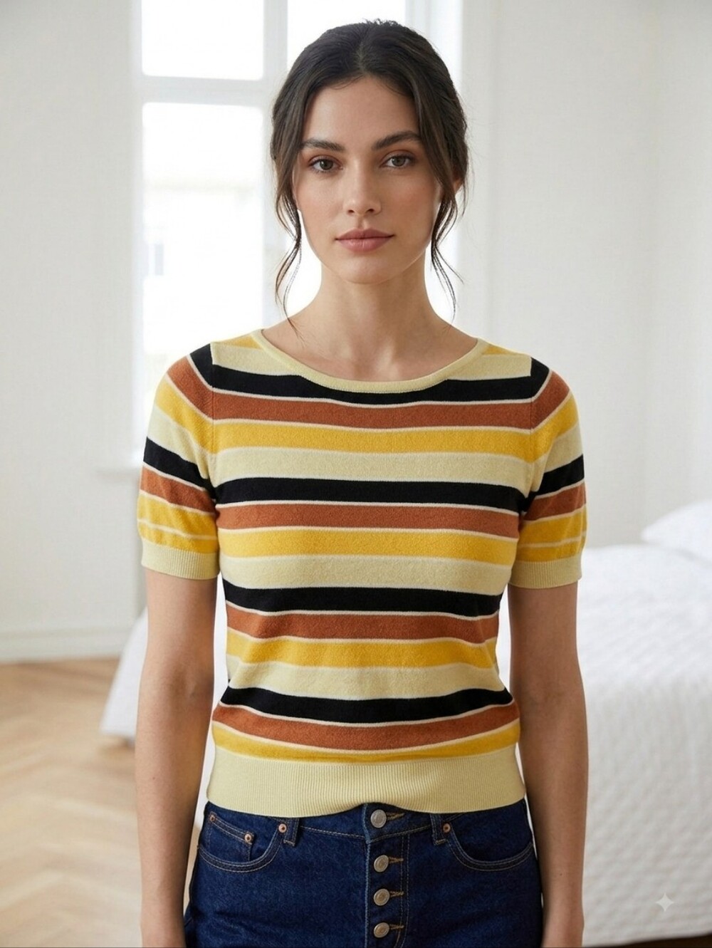 Inwear Cotton Striped Short-Sleeve Knit Top - Yellow, Brown, Black S